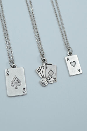 3'lü Full As İskambil Deste Zar Gümüş Kaplama Kolye Seti