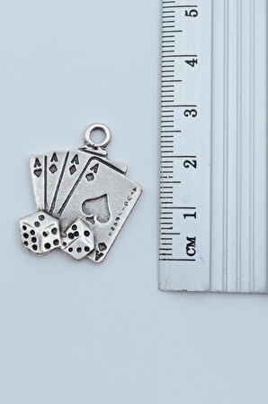 3'lü Full As İskambil Deste Zar Gümüş Kaplama Kolye Seti