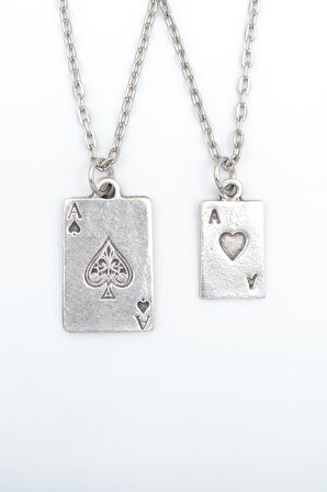 2'li Maça As İskambil - Poker Erkek Kadın Kolye Seti 925 Ayar Gümüş Kaplama