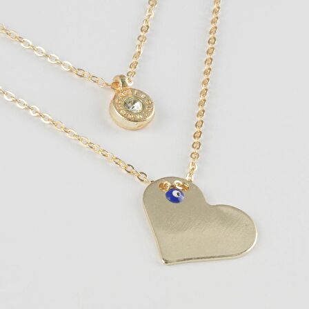 Kalp Figürlü Nazarlı Plaka İkili Kolye