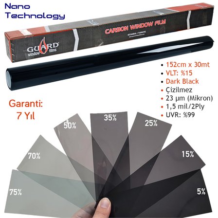 Guard Carbon Cam Filmi VLT %15 Dark Black 152 cm x 30 Mt (Nano Teknoloji)