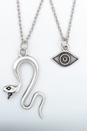 2'li Yılan  - Minimal Göz Gümüş Kaplama Kolye Seti