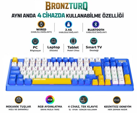 BRONZTURQ MK1116-MAVI RGB-ABS RED SWITCH 3N1 (USB + 2.4G + Bluetooth) MEKANİK KLAVYE