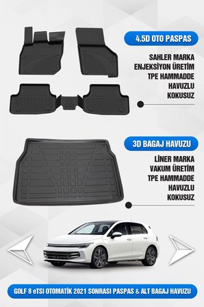 Volkswagen Golf 8/8.5 (Otomatik) Uyumlu 4.5D Premium Havuzlu Oto Paspas Ve Liner Alt Bagaj Havuzu