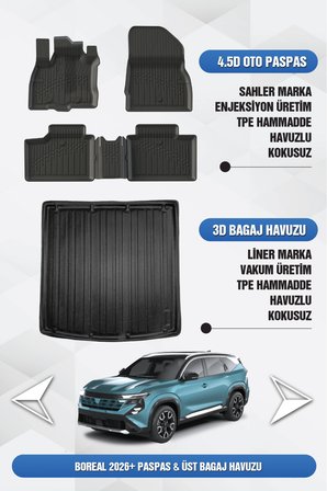 Sahler Renault Boreal 2026 Sonrası Uyumlu 4.5D Premium Havuzlu Paspas Ve Liner Üst Bagaj - 1.3 Tce