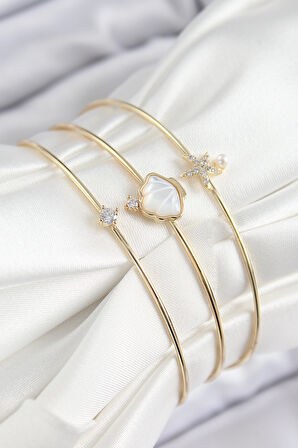 Pirinç Zirkon Taşlı İstiridye Ve Deniz Yıldızı Model Gold Renk Vip 3'lü Kadın Bileklik