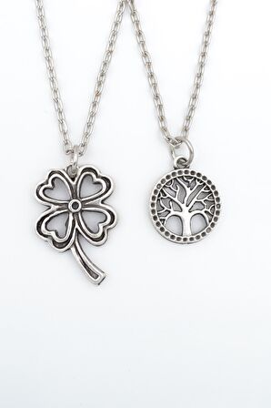 2'li Dört Yapraklı Yonca - Yaşam Ağacı Erkek Kadın Kolye Seti 925 Ayar Gümüş Kaplama