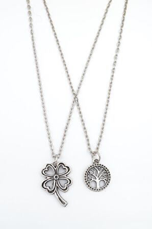 2'li Dört Yapraklı Yonca - Yaşam Ağacı Erkek Kadın Kolye Seti 925 Ayar Gümüş Kaplama