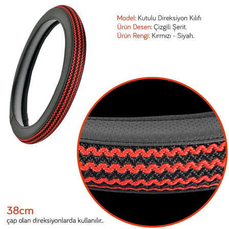 NYF F-326 Geçmeli Direksiyon Kılıfı Çizgili Kırmızı-Siyah Şerit 38 cm