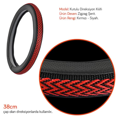 NYF F-332 Geçmeli Direksiyon Kılıfı Zigzag Kırmızı-Siyah Şerit 38 cm
