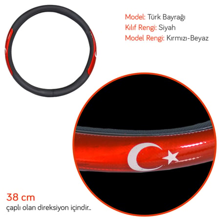 PMX Geçmeli Direksiyon Kılıfı Fosforlu Siyah (Türk Bayrağı) 38 cm TEQ-002BK/RD