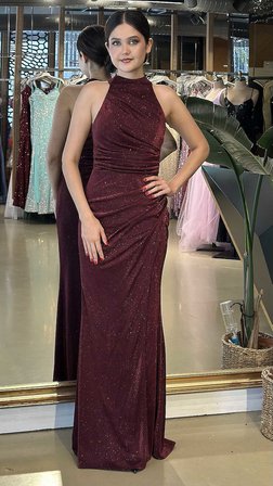 Bordo Halter Yaka Yırtmaçlı Düz Kesim Likralı Simli Uzun Abiye Elbise 11178-15