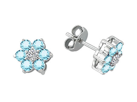 Pırlanta ve Sky Blue Topaz Taşlı Papatya Küpe