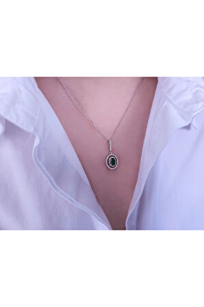 Kadın Pırlanta Ve Oval Mavi Topaz Taşlı Kolye
