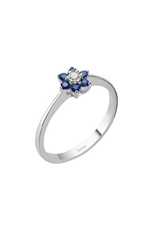 Safir Ve Pırlanta Taşlı Papatya Yüzük