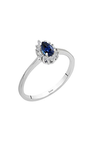 Baget Pırlanta Ve Damla Safir Taşlı Modern Yüzük