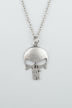 Punisher Cezalandırıcı Erkek Kadın Kolye Antik Gümüş Kaplama - 60 cm Düz Zincir