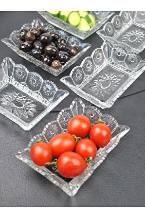 6'lı Cam Kase Çerezlik Kahvaltılık Set Dikdörtgen Sunumluk-13x10x4 cm Sunlight