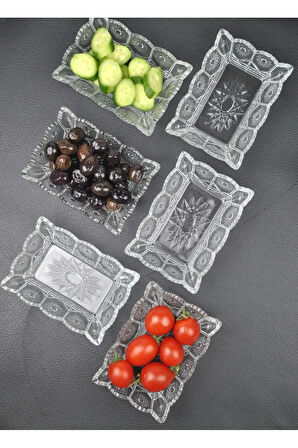 6'lı Cam Kase Çerezlik Kahvaltılık Set Dikdörtgen Sunumluk-13x10x4 cm Sunlight