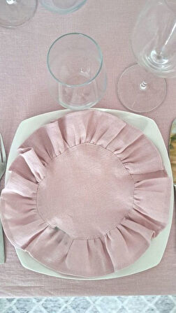 Pembe Buldan Yıkanmış Keten Amerikan Servisi Yuvarlak 4'lü Vintage 40 cm