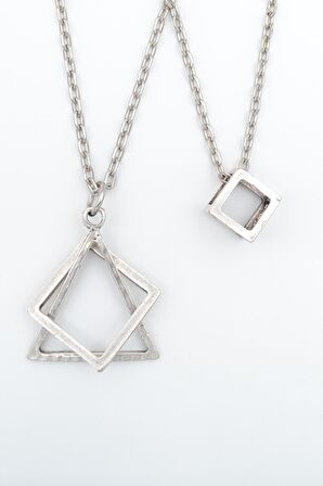 2'li Küp - Üçgen Kare Geometrik Erkek Kadın Kolye Seti 925 Ayar Gümüş Kaplama