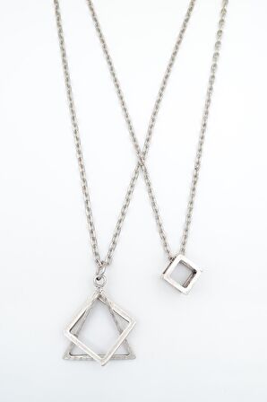 2'li Küp - Üçgen Kare Geometrik Erkek Kadın Kolye Seti 925 Ayar Gümüş Kaplama