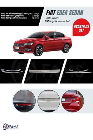 Fiat Egea 2015-2019 Sedan 6 Parça Krom Set (Arka Tampon Üstü Koruma Yazılı + Stop Alt Nikelajı+Bagaj Orta Çıta + Arka Reflektör) P.Çelik