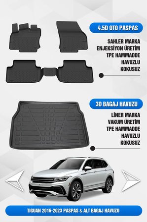 Volkswagen Tiguan 2016-2023 Uyumlu 4.5D Premium Havuzlu Oto Paspas Ve Liner Alt Bagaj Havuzu
