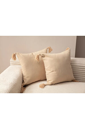 Swita Home Home Design İkili Dekoratif Püsküllü Kırlent Kılıfı Bej 43x43