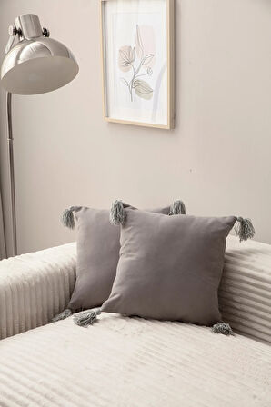 Swita Home Home Design İkili Dekoratif Püsküllü Kırlent Kılıfı Gri 43x43