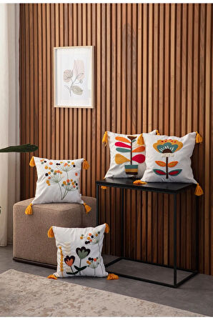 Swita Home Tekli Punch Işlemeli Çiçek Desen Püsküllü Kırlent Kılıfı