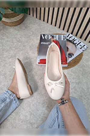 Günlük Kadın Babet Oval Burunlu Fiyonklu Rahat Kalıp Tırtıklı Taban Balerin Ayakkabı 112