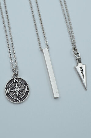 3'lü Triagle Ok Ucu Çubuk Prizma Pusula Gümüş Kaplama Kolye Seti