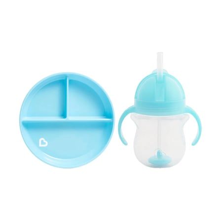 Munchkin Sabit Vakumlu Beslenme Tabağı & Tıklama Uçlu Pipetli Alıştırma Bardağı 6AY+ MAVİ&MAVİ 2li paket