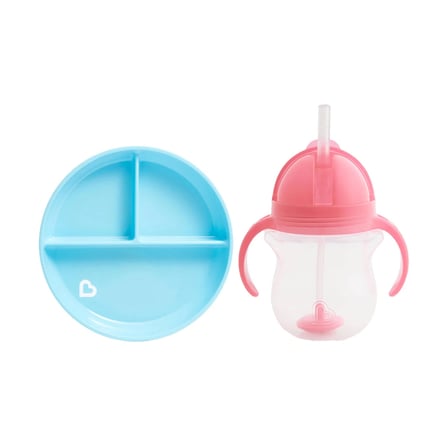 Sabit Vakumlu Beslenme Tabağı &Tıklama Uçlu Pipetli Alıştırma Bardağı 6AY+ MAVİ&PEMBE 2'li Paket