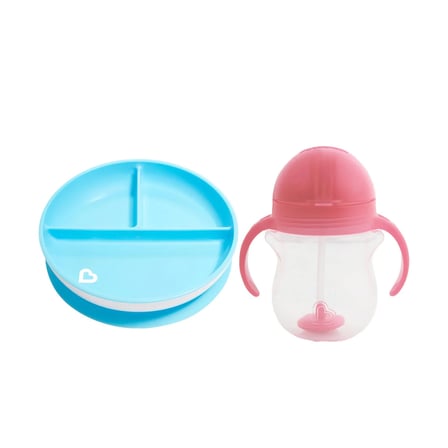 Sabit Vakumlu Beslenme Tabağı &Tıklama Uçlu Pipetli Alıştırma Bardağı 6AY+ MAVİ&PEMBE 2'li Paket
