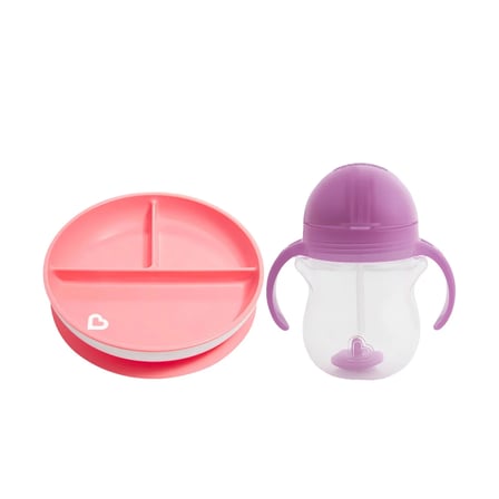 Sabit Vakumlu Beslenme Tabağı &Tıklama Uçlu Pipetli Alıştırma Bardağı 6AY+ PEMBE&MOR 2'li Paket