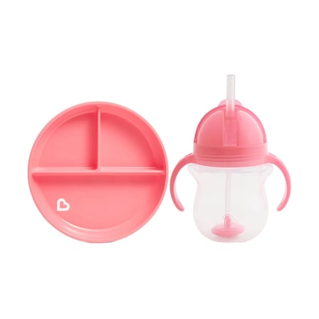 Sabit Vakumlu Beslenme Tabağı &Tıklama Uçlu Pipetli Alıştırma Bardağı 6AY+ PEMBE&PEMBE 2'li Paket