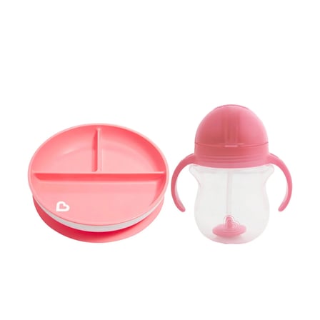 Sabit Vakumlu Beslenme Tabağı &Tıklama Uçlu Pipetli Alıştırma Bardağı 6AY+ PEMBE&PEMBE 2'li Paket