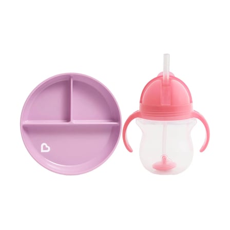 Munchkin Sabit Vakumlu Beslenme Tabağı &Tıklama Uçlu Pipetli Alıştırma Bardağı 6AY+ MOR&PEMBE 2'li Paket