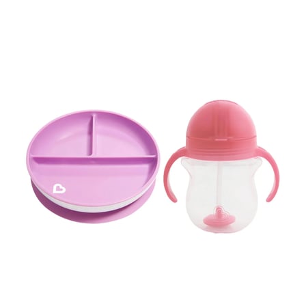 Munchkin Sabit Vakumlu Beslenme Tabağı &Tıklama Uçlu Pipetli Alıştırma Bardağı 6AY+ MOR&PEMBE 2'li Paket