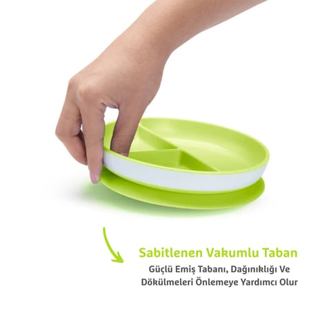 Munchkin Sabit Vakumlu Beslenme Tabağı | 6 Ay+, 3 Bölmeli Yeşil ve Yumuşak Uçlu 6'lı Renkli Bebek Kaşıkları 2li Set