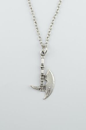 Viking Antik Savaşçı Baltası Erkek Kadın Kolye Antik Gümüş Kaplama - 60 cm Düz Zincir