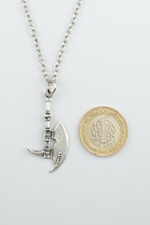 Viking Antik Savaşçı Baltası Erkek Kadın Kolye Antik Gümüş Kaplama - 60 cm Düz Zincir
