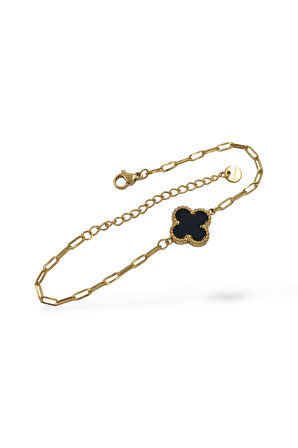 Çelik Çift Taraflı Yonca Bileklik Van Cleef Model Geçmeli Zincir Bileklik