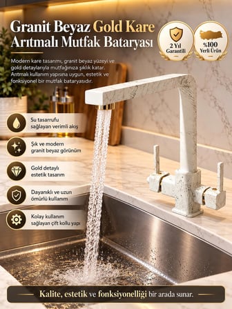 Arıtmalı Granit Beyaz Gold Kare Mutfak Bataryası – Çift Aç Kapa Lüks Evye Musluğu