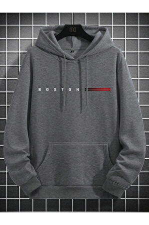 Erkek Koyu Gri Boston Baskılı Sweatshirt