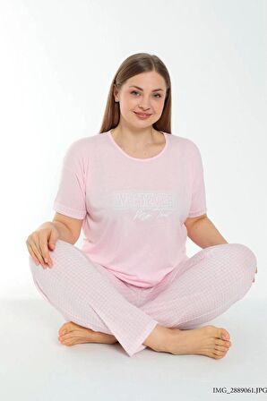 Pijamoni Polyviskon Büyük Beden Kadın Pijama Takımı Açık Pembe 7340-6