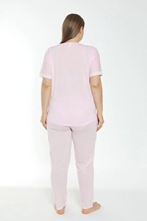 Pijamoni Polyviskon Büyük Beden Kadın Pijama Takımı Açık Pembe 7340-6