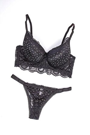 Tılsım Lingerie Serpme Taşlı Dantel Detaylı Balenli Siyah Sütyen Takımı - 105